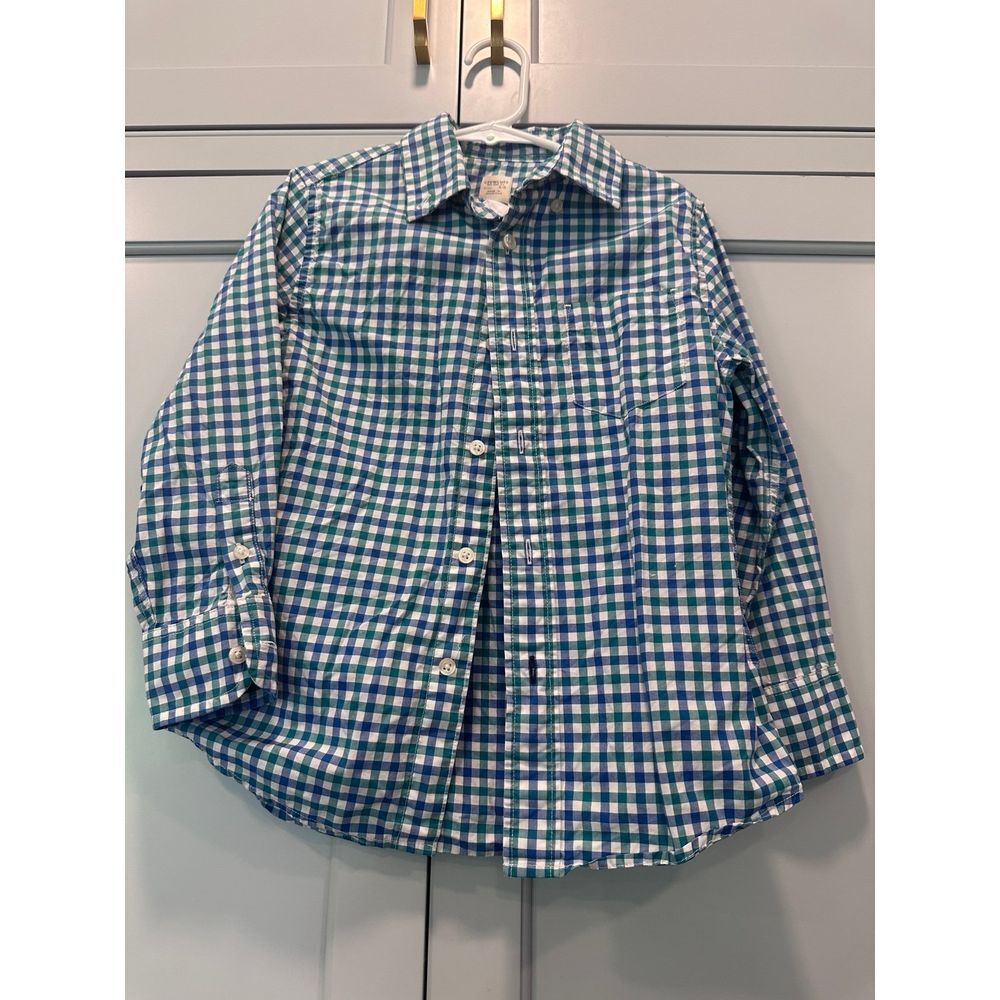 Crewcuts boy plaid button down collar shirt top 4/5 blue green‎